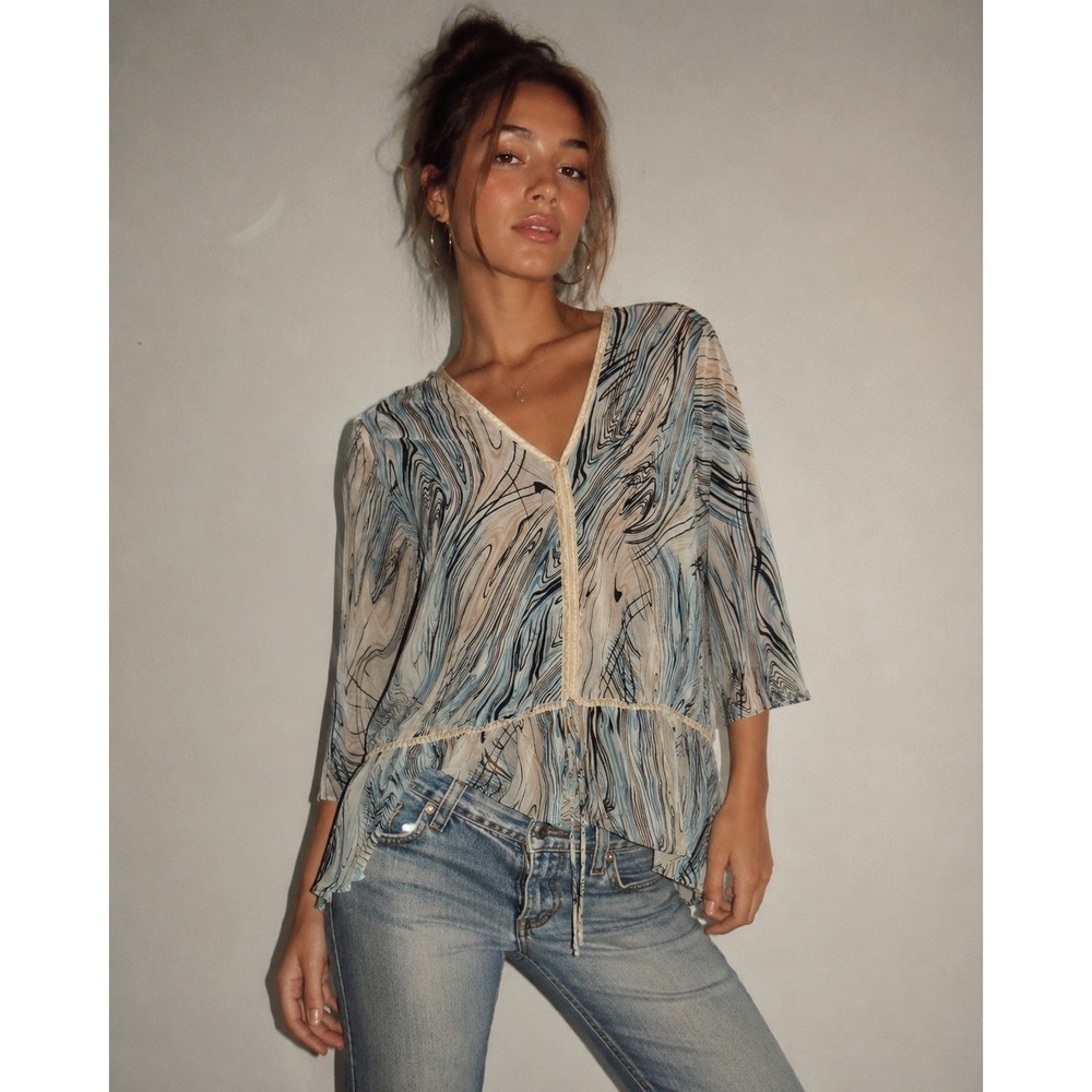 Vintage Y2K Abstract Mesh Tunic Top Womens Blue Sheer Boho Fairy Grunge 2000s